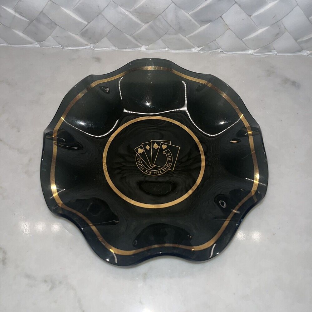 Greater New York Bridge Association Smoky wavy Glass souvenir dish, Gray/Gold